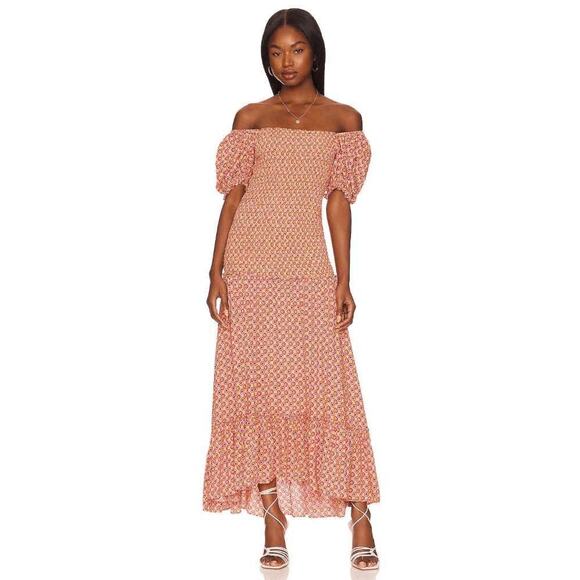 L*Space Womens Summatime Check Off The Shoulder Simone Maxi Dress Size M NWT - Picture 1 of 12